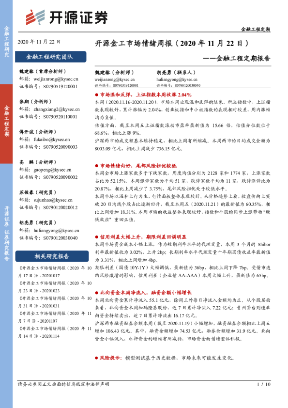 金融工程定期报告：开源金工市场情绪周报