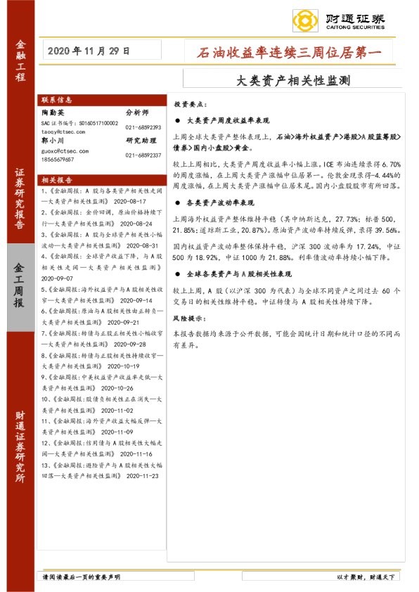 大类资产相关性监测：石油收益率连续三周位居第一