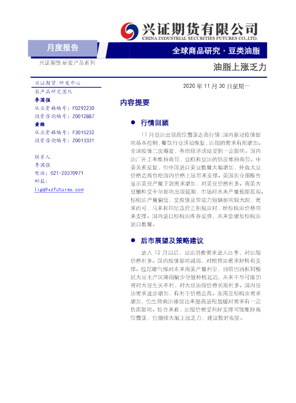 豆类油脂月度报告：油脂上涨乏力