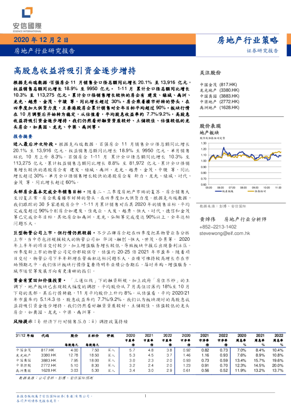 房地产行业研究报告：高股息收益将吸引资金逐步增持