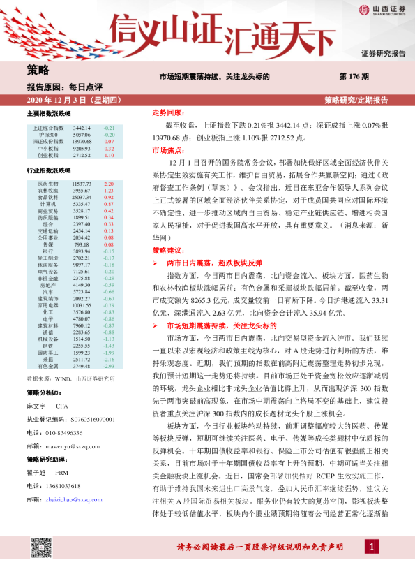 每日点评：市场短期震荡持续，关注龙头标的