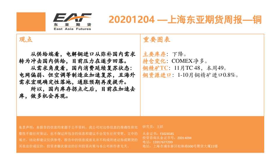 上海东亚期货周报：铜