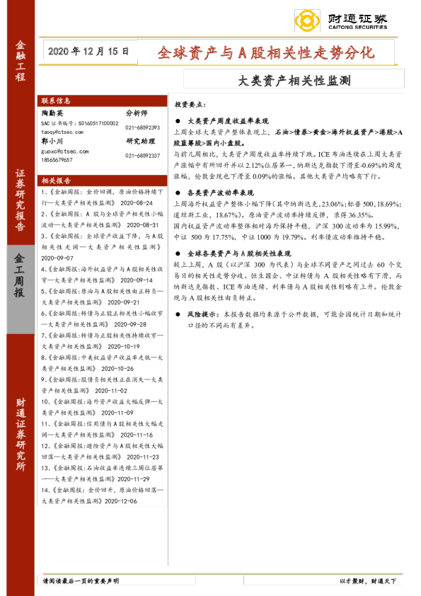 全球资产与A股相关性走势分化：大类资产相关性监测