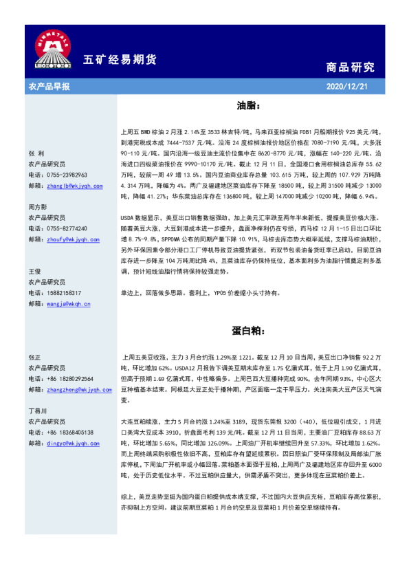 五矿经易期货农产品早报