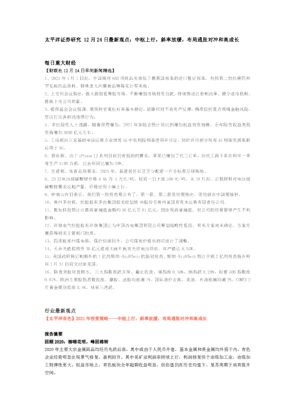研究12月24日最新观点：中枢上行，斜率放缓，布局通胀对冲和高成长