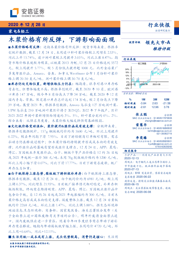 家电&轻工：木浆价格有所反弹，下游影响面面观
