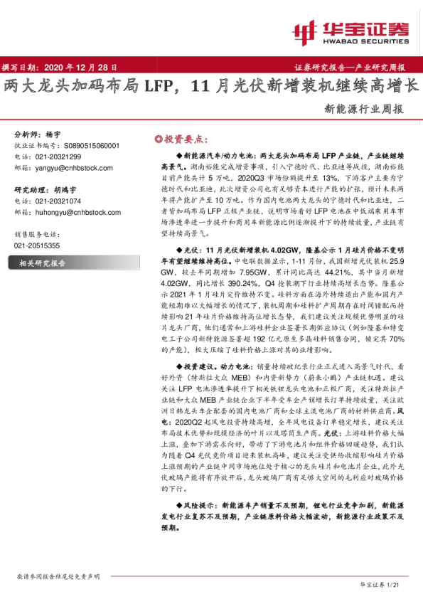 新能源行业周报：两大龙头加码布局LFP，11月光伏新增装机继续高增长