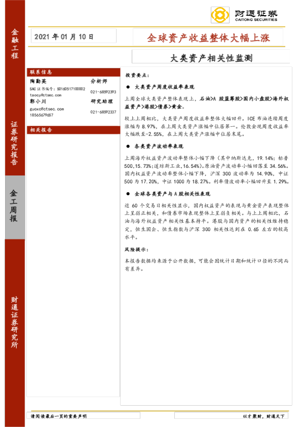 大类资产相关性监测：全球资产收益整体大幅上涨