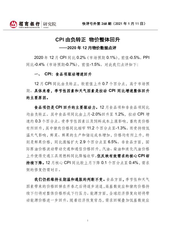 2020年12月物价数据点评：CPI由负转正 物价整体回升
