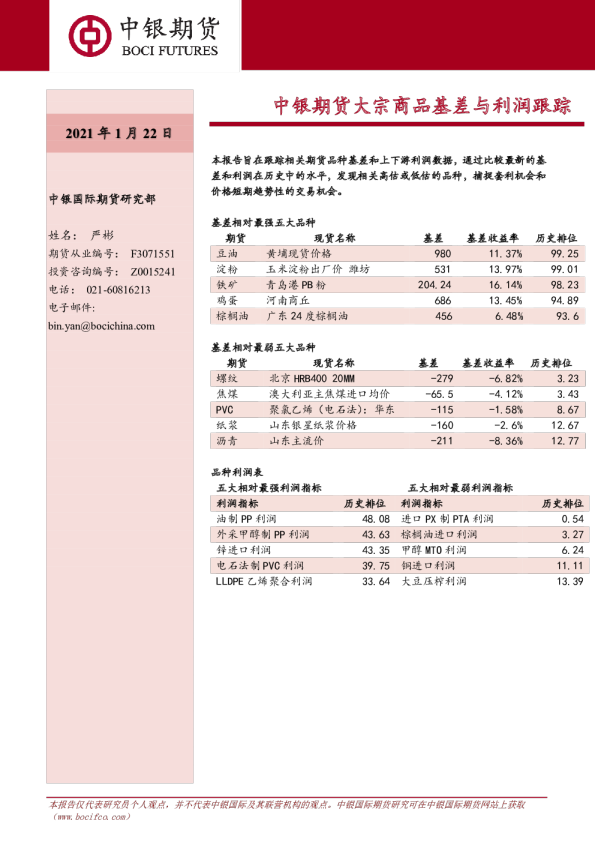 中银期货大宗商品基差与利润跟踪