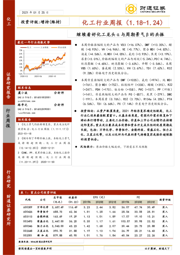 继续看好化工龙头α与周期景气β的共振