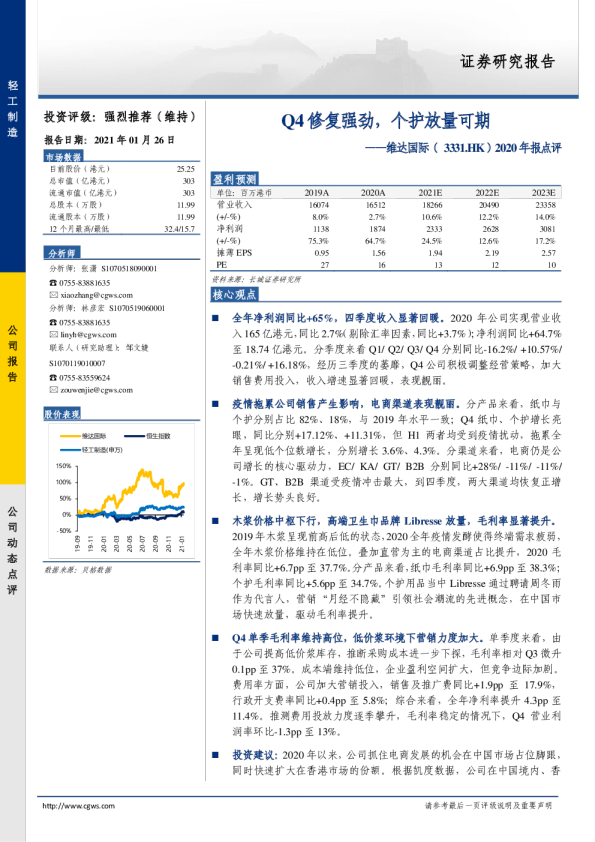 2020年报点评：Q4修复强劲，个护放量可期