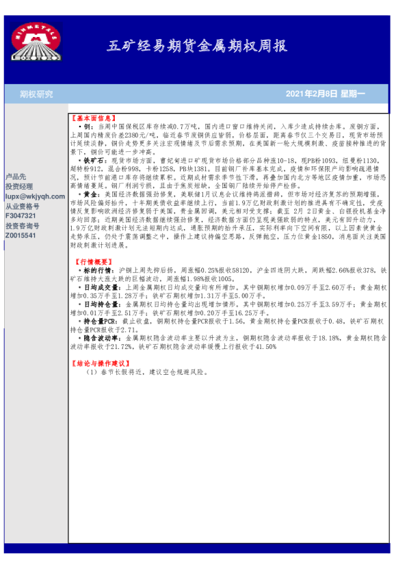 五矿经易期货金属期权周报