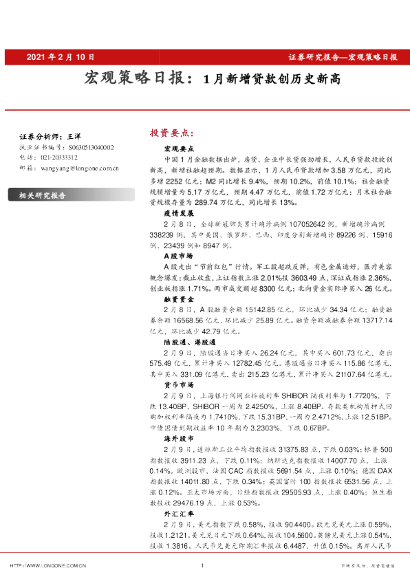 宏观策略日报：1月新增贷款创历史新高