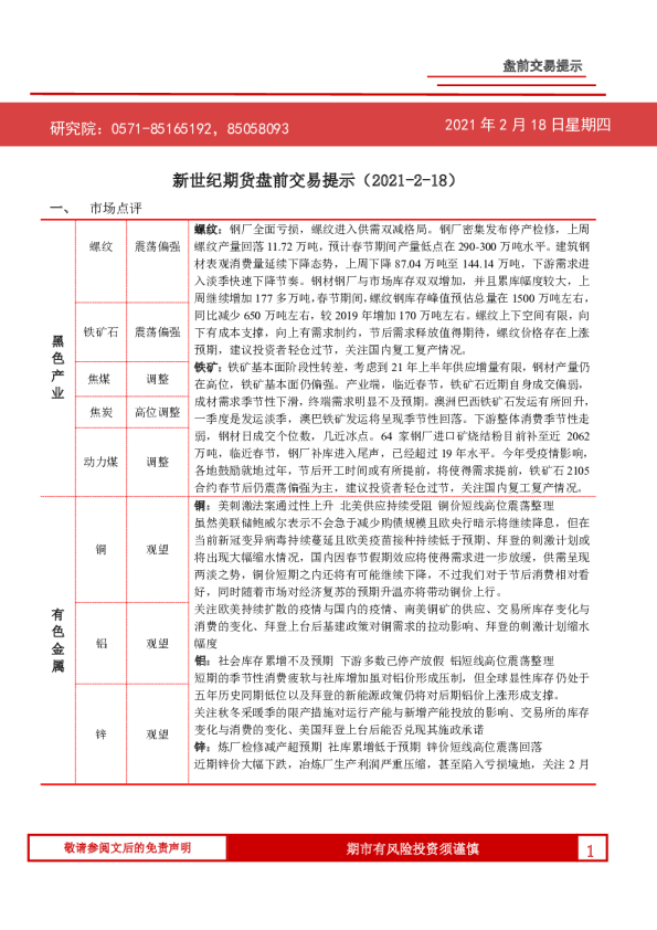 新世纪期货盘前交易提示