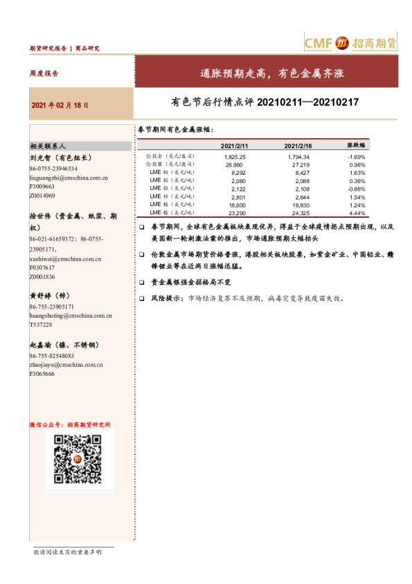 有色节后行情点评：通胀预期走高，有色金属齐涨