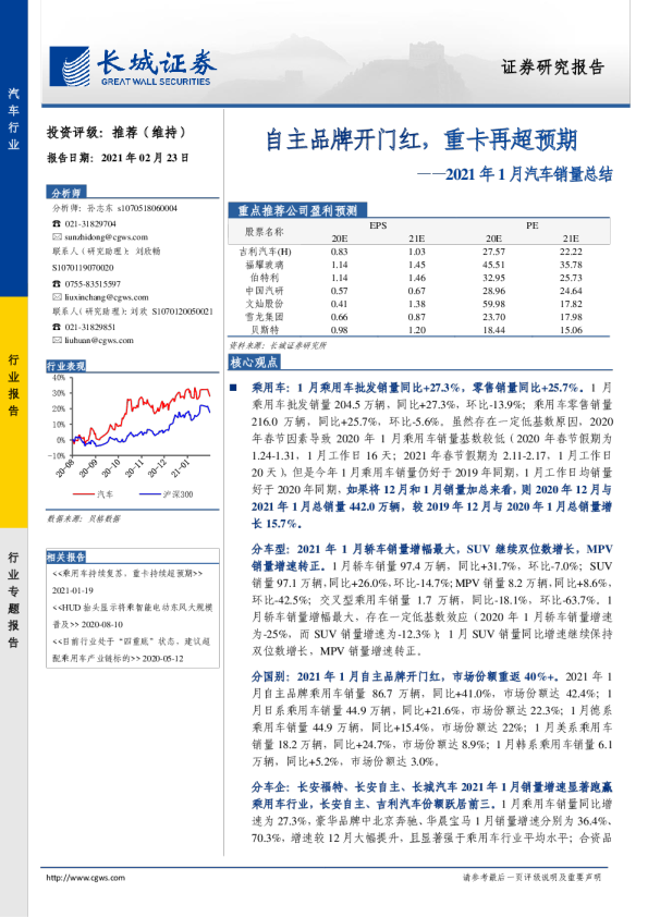 2021年1月汽车销量总结：自主品牌开门红，重卡再超预期