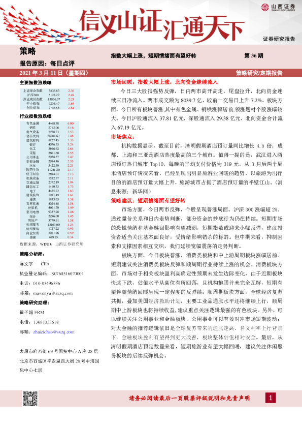 每日点评：指数大幅上涨，短期情绪面有望好转