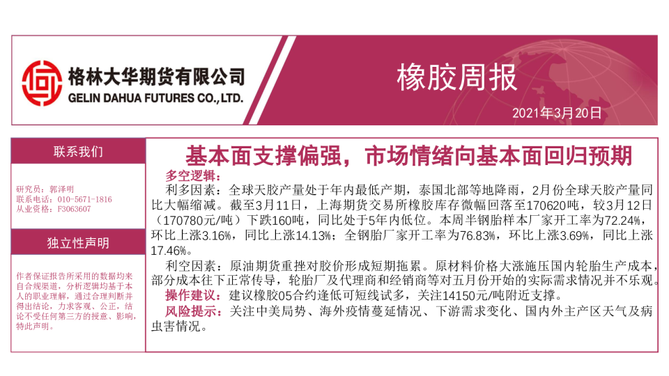 橡胶周报：基本面支撑偏强，市场情绪向基本面回归预期