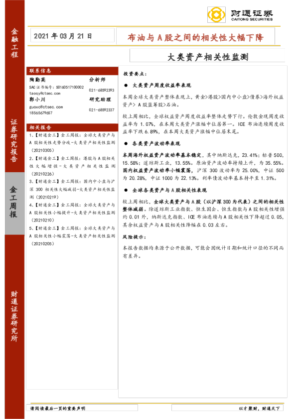 大类资产相关性监测：布油与A股之间的相关性大幅下降