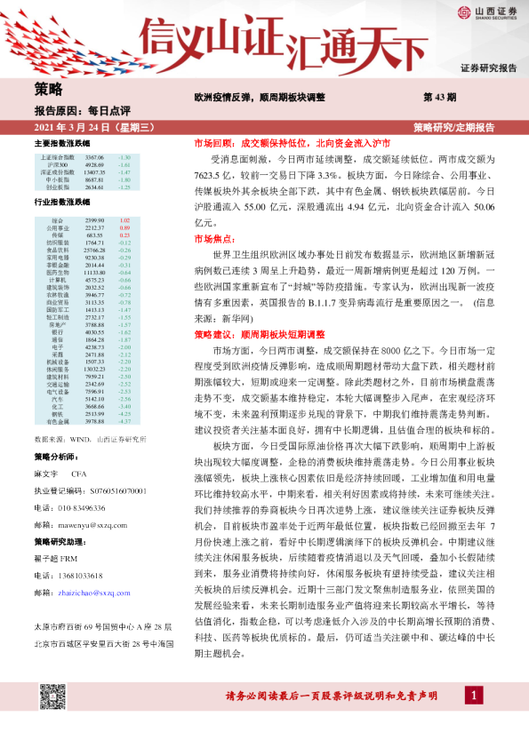 欧洲疫情反弹，顺周期板块调整