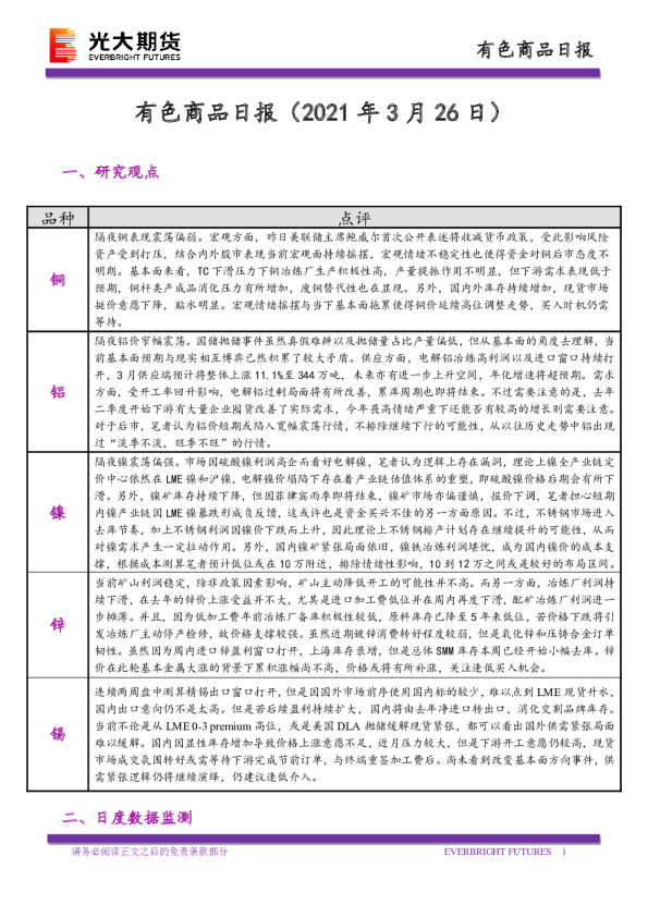 光大期货有色商品日报