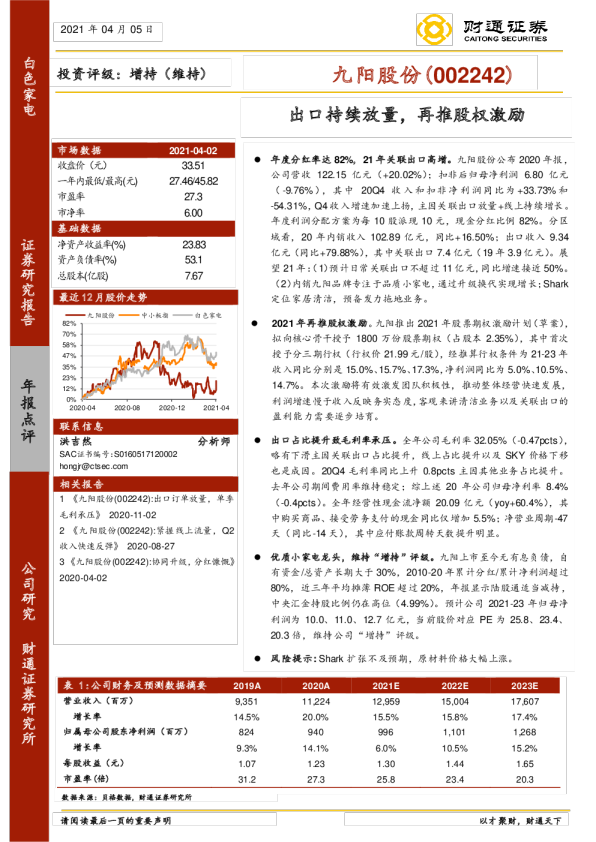 出口持续放量，再推股权激励