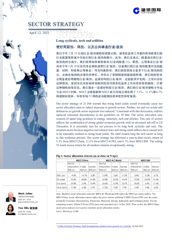 看好周期性、科技、以及公共事业行业/板块