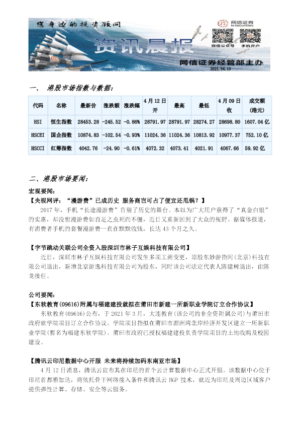 港股资讯晨报