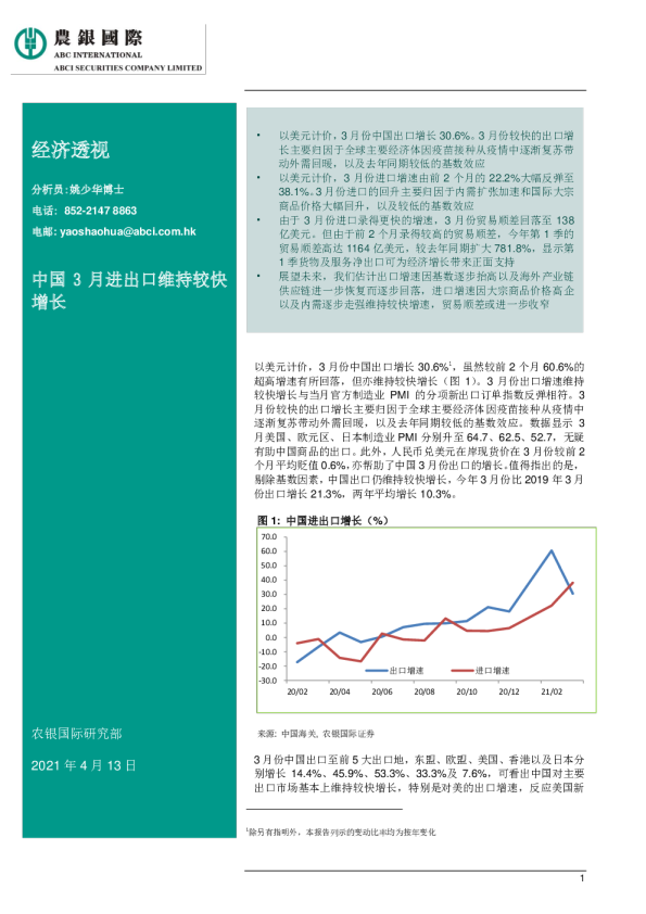 经济透视：中国3月进出口维持较快增长