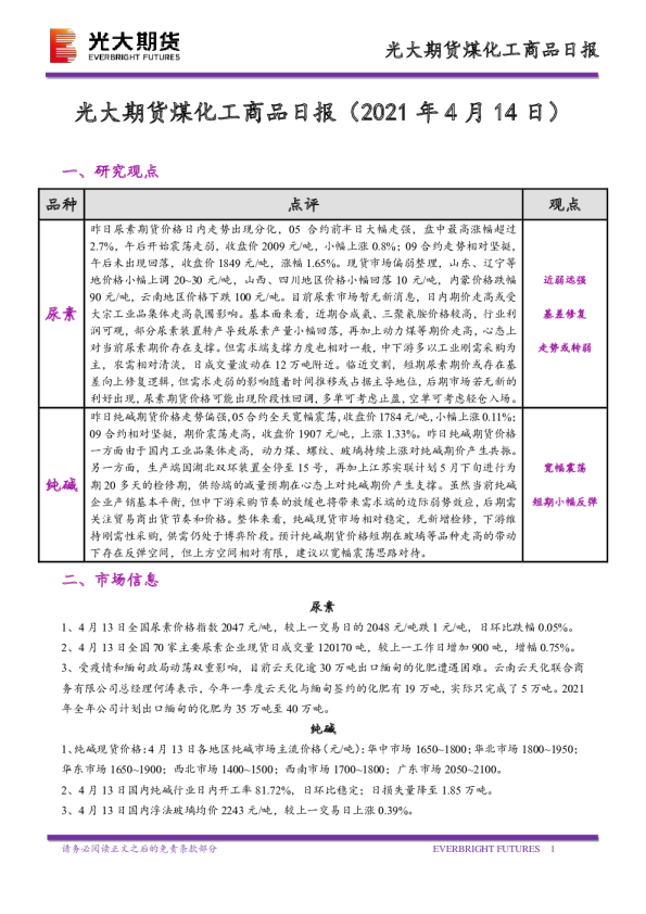 光大期货煤化工商品日报