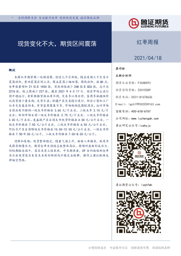 红枣周报：现货变化不大，期货区间震荡