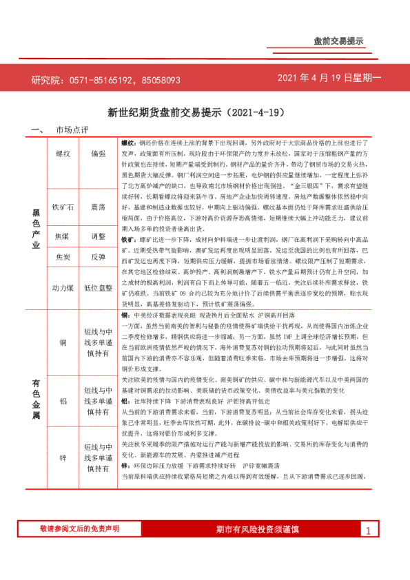 新世纪期货盘前交易提示