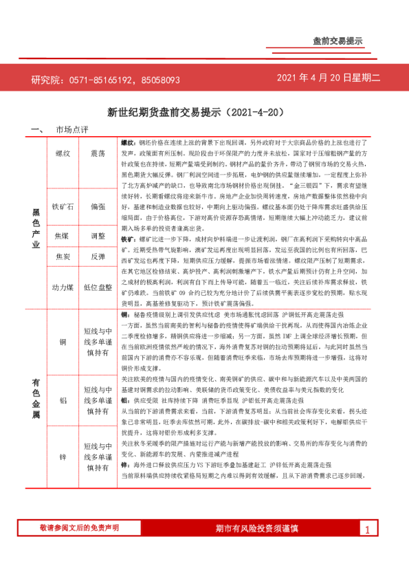 新世纪期货盘前交易提示