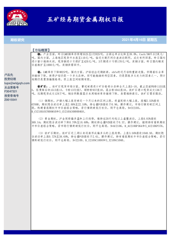 五矿经易期货金属期权日报