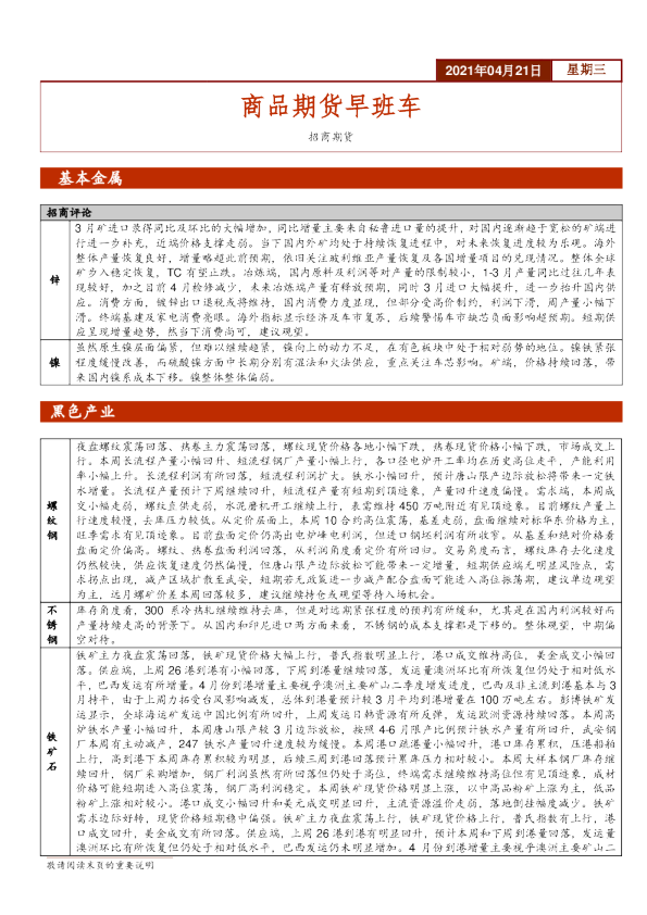 招商期货：商品期货早班车