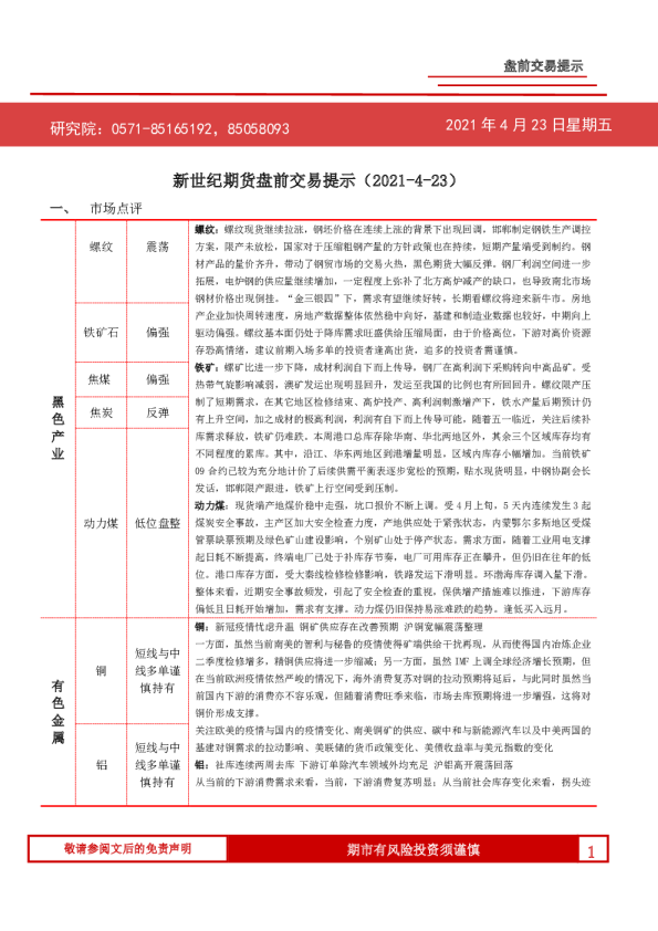 新世纪期货盘前交易提示