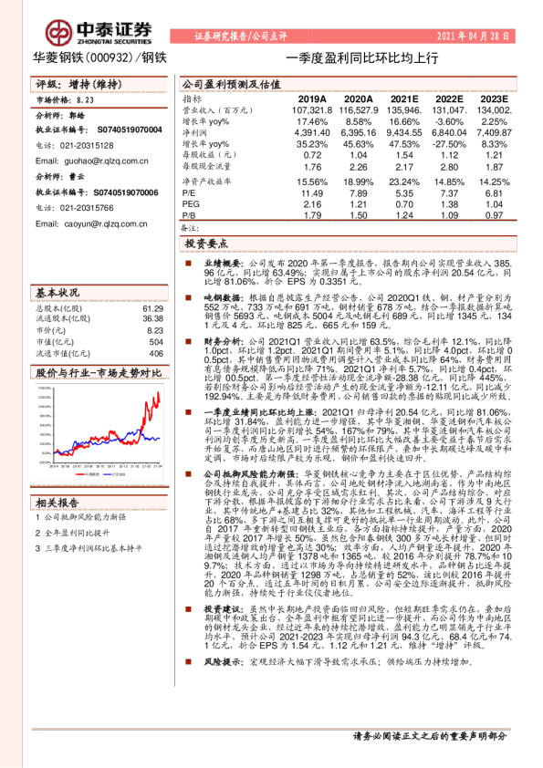 一季度盈利同比环比均上行