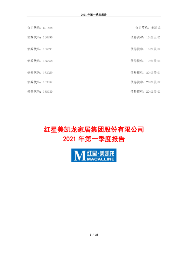 美凯龙：2021年第一季度报告