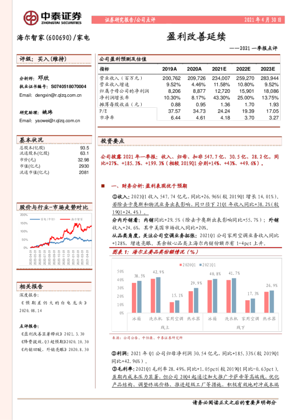 2021一季报点评：盈利改善延续