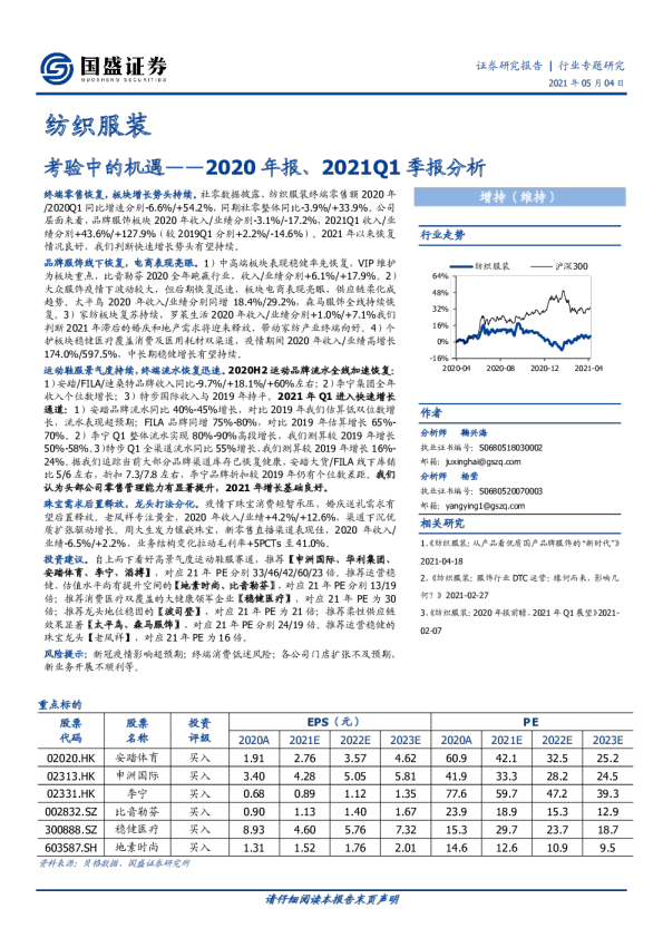 纺织服装行业2020年报、2021Q1季报分析：考验中的机遇