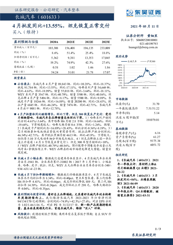 4月批发同比+13.55%，坦克恢复正常交付