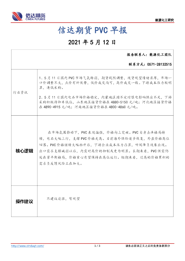 信达期货PVC早报