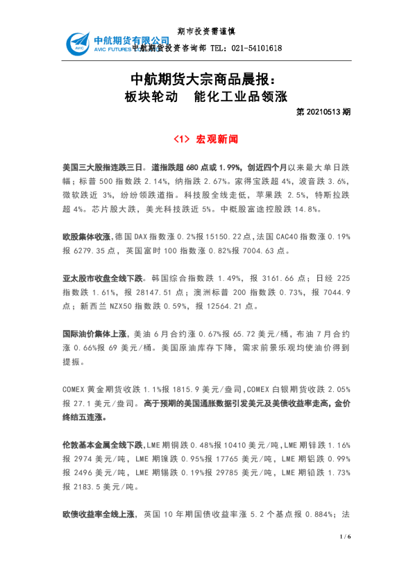 大宗商品晨报：板块轮动 能化工业品领涨