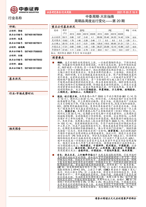 中泰周期·大宗指南：周期品周度运行变化——第20期