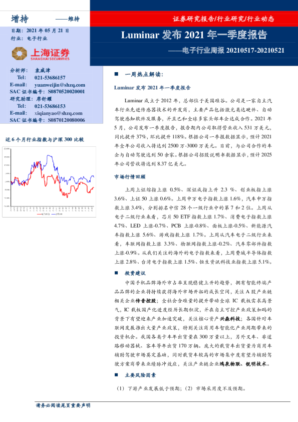 电子行业周报：Luminar发布2021年一季度报告