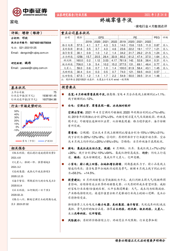 家电行业4月数据点评：终端零售平淡
