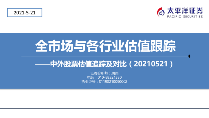 中外股票估值追踪及对比：全市场与各行业估值跟踪