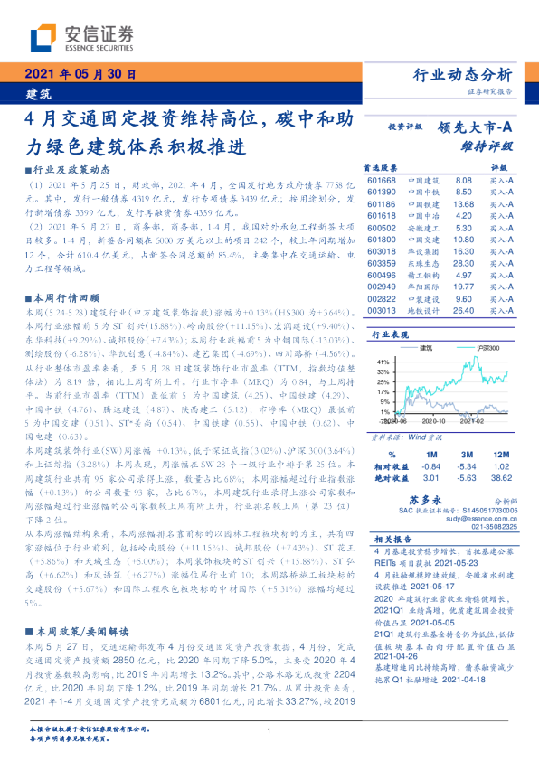 建筑行业：4月交通固定投资维持高位，碳中和助力绿色建筑体系积极推进