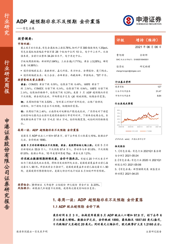 有色金属行业：ADP超预期非农不及预期，金价震荡